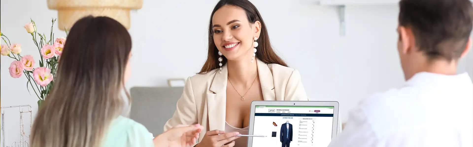 A JFW referral partner helping customers with a speedy wedding order.