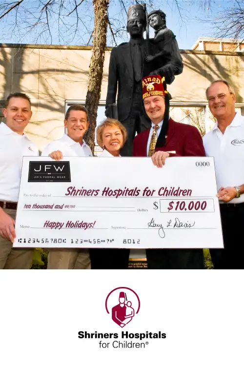 Jim's Formal Wear donating money to the shriners organization.