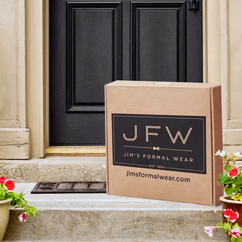 Jim's formal wear package by front door after free shipping