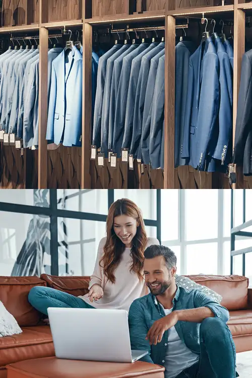 Hanging rack of men's suit coats and couple shopping online